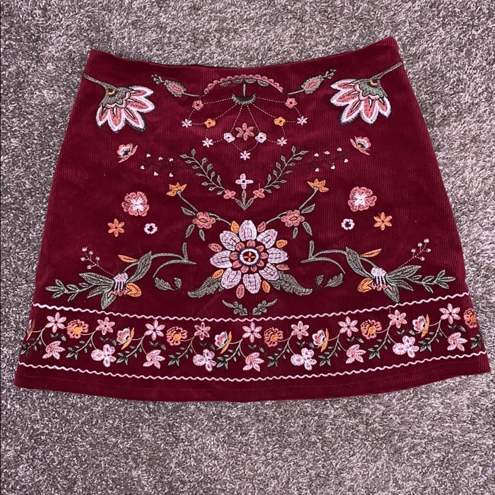 Floral print wine colored corduroy skirt